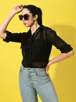 Women Vertical Stripes Semi Sheer Black Shirt