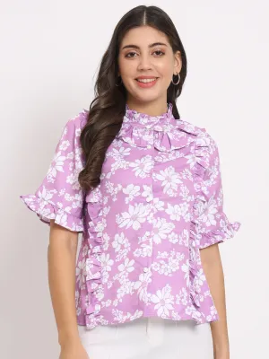 Women's Floral Printed High Neck Ruffles Detailed Shirt Style Top