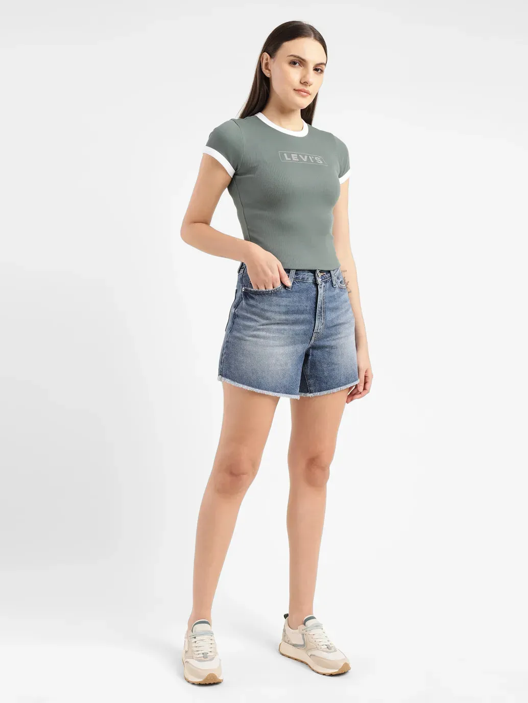 Women's High Rise Mid Indigo Regular Fit Denim Shorts