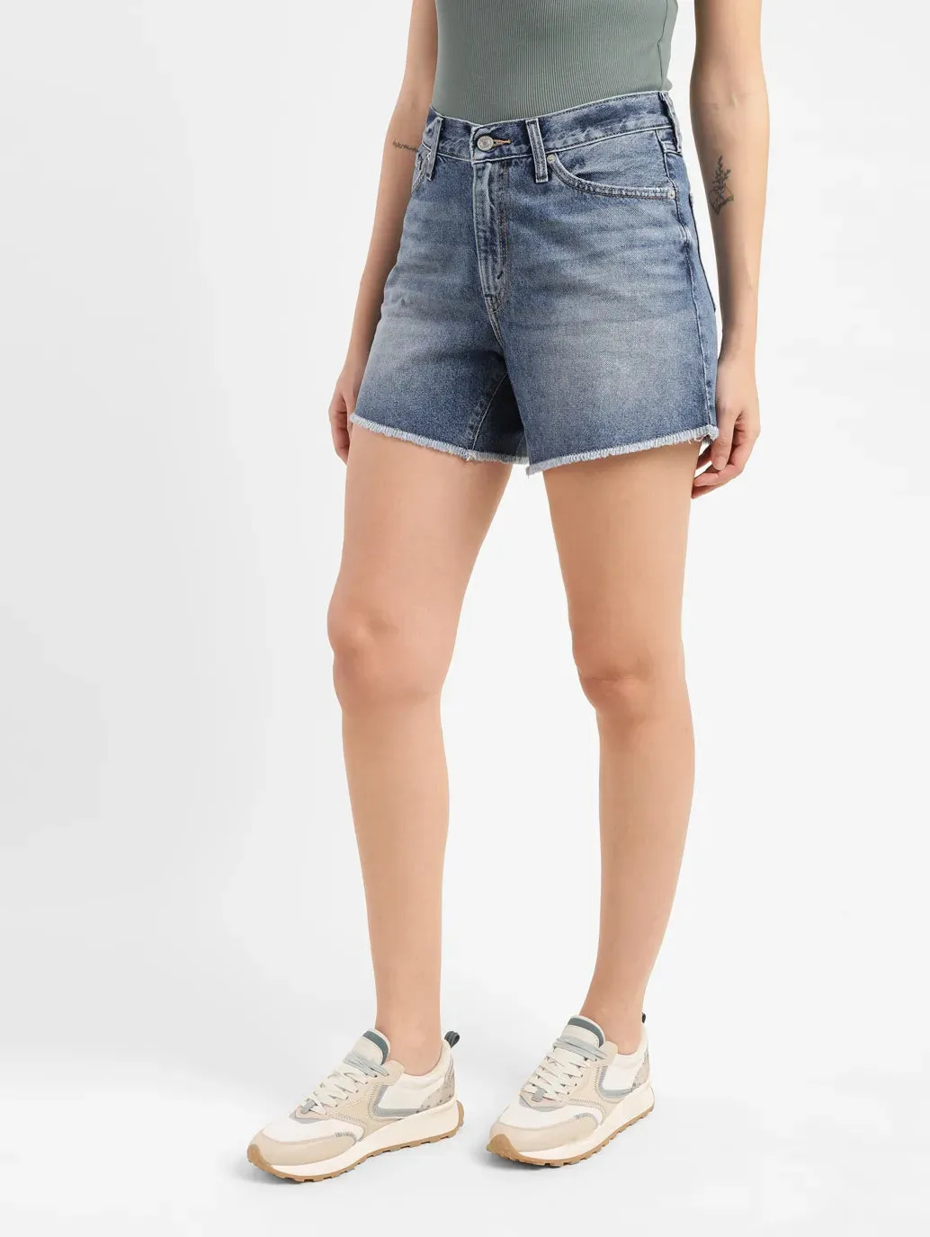 Women's High Rise Mid Indigo Regular Fit Denim Shorts