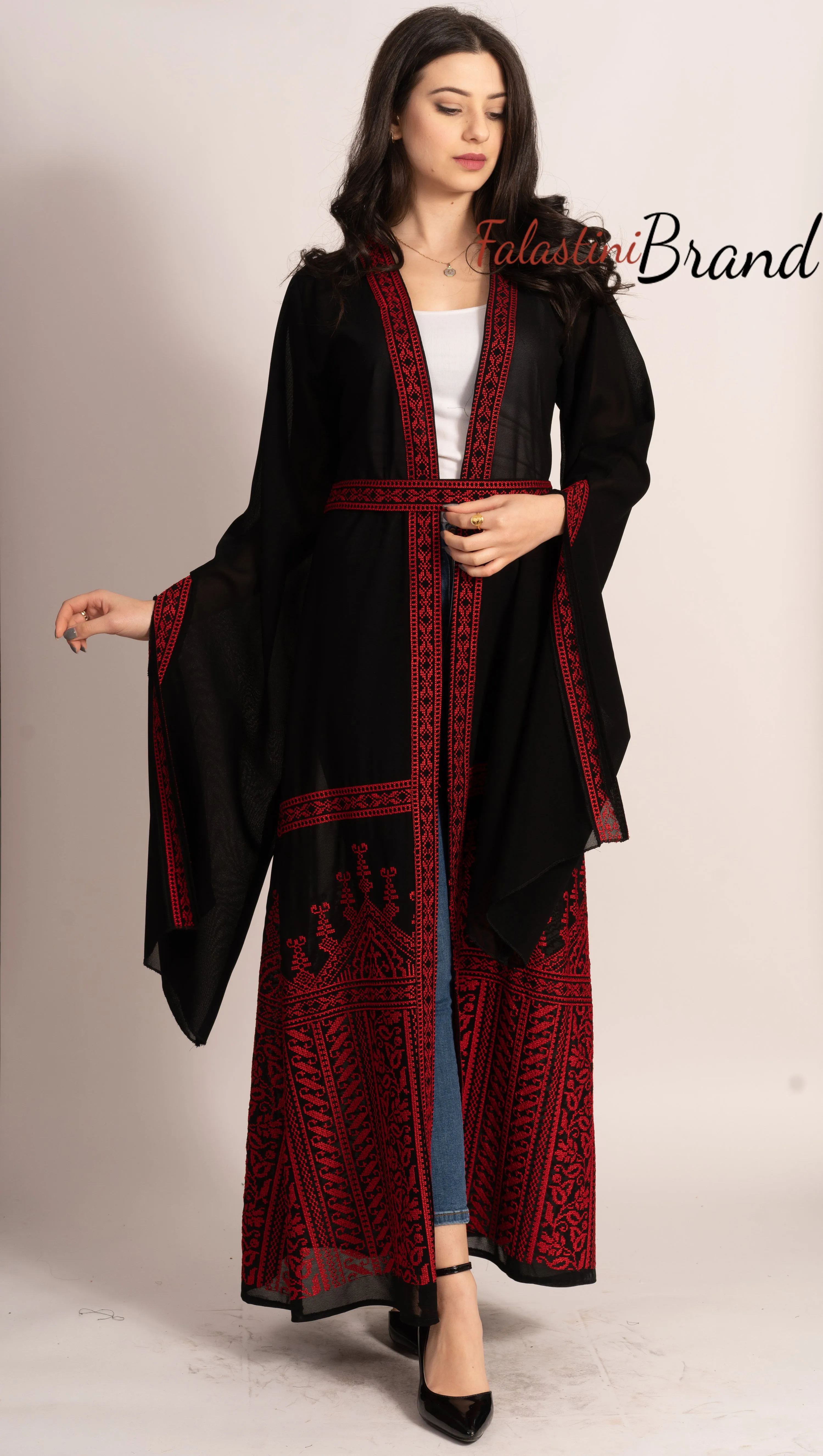 Wonderful Palestinian Black & Red Georgette Embroidered Open Abaya Long Slit Sleeve