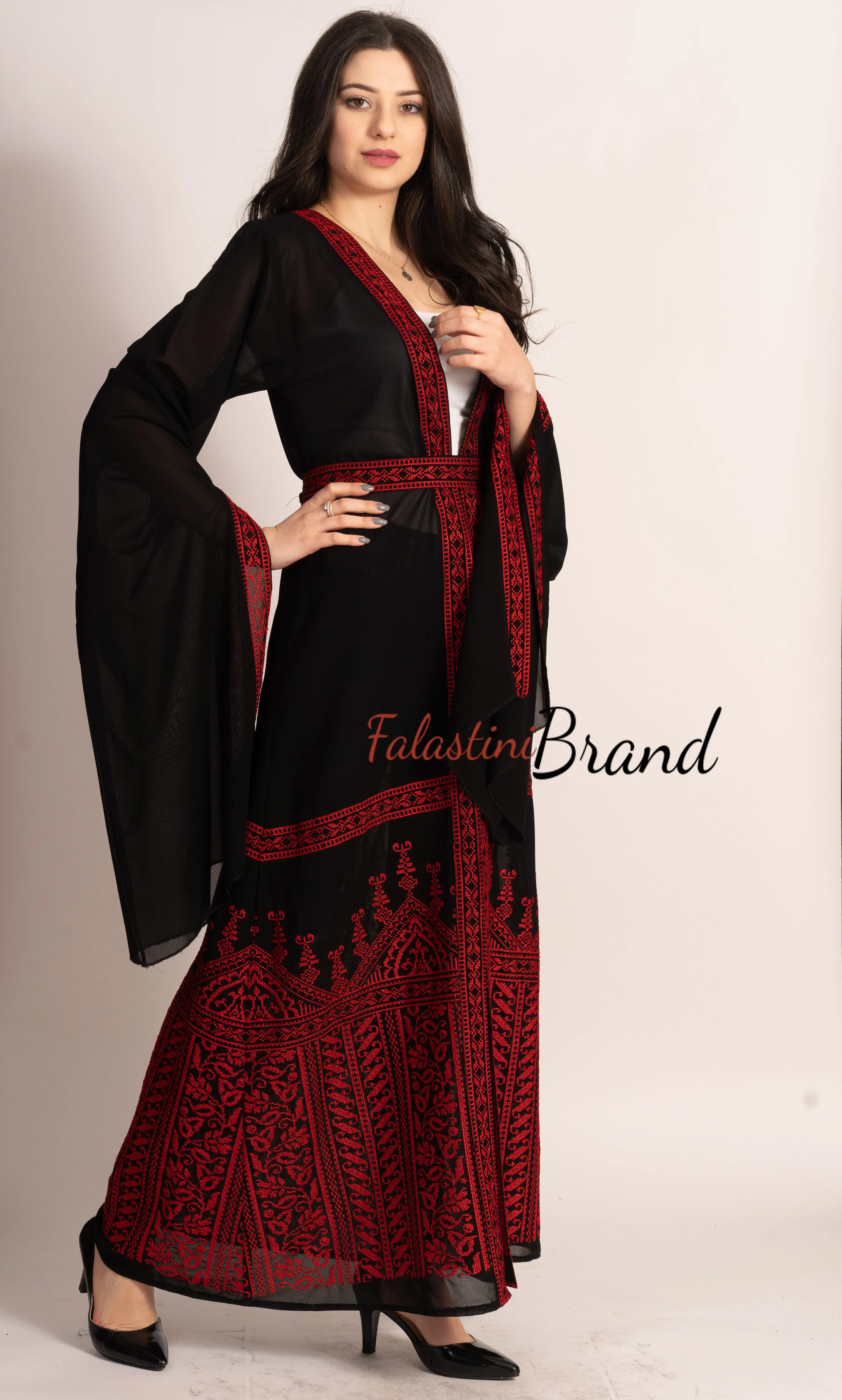 Wonderful Palestinian Black & Red Georgette Embroidered Open Abaya Long Slit Sleeve