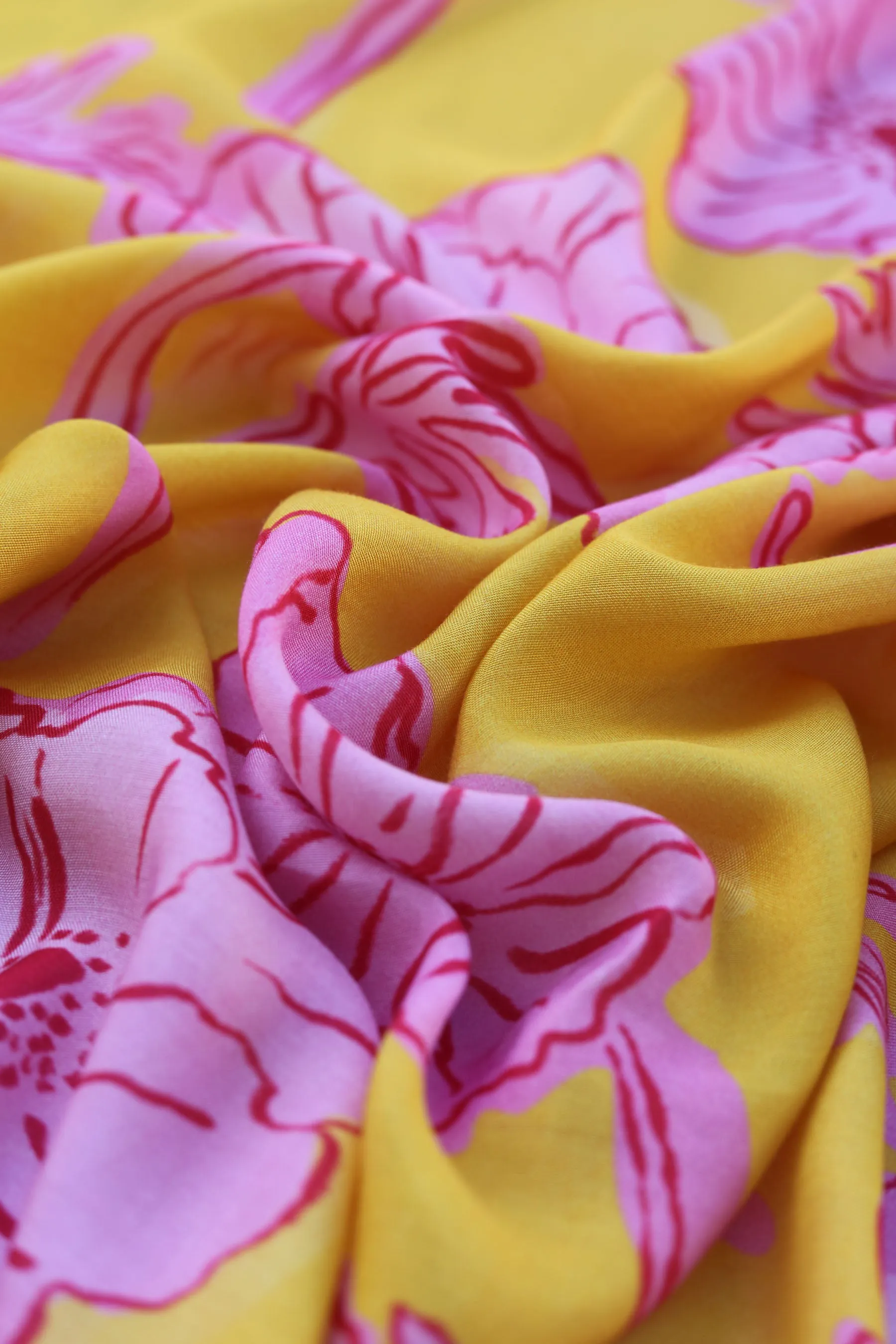 Yellow Pink Floral Pattern Printed Natural Muslin Silk Fabric