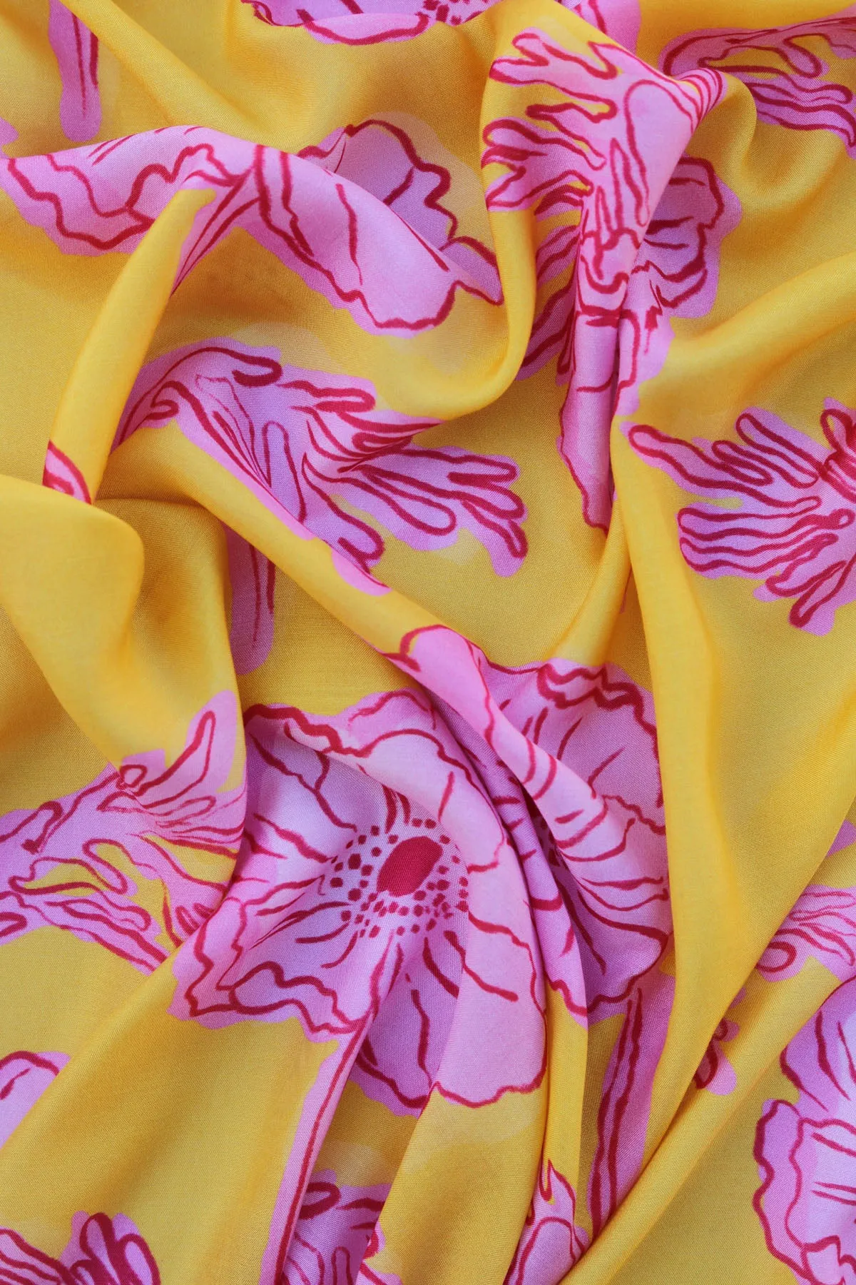 Yellow Pink Floral Pattern Printed Natural Muslin Silk Fabric