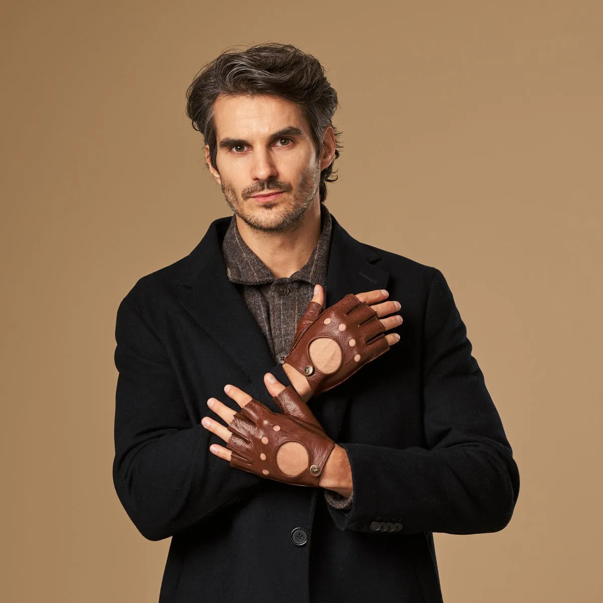 Zane (brown) – luxurious fingerless driving gloves made of American deerskin leather