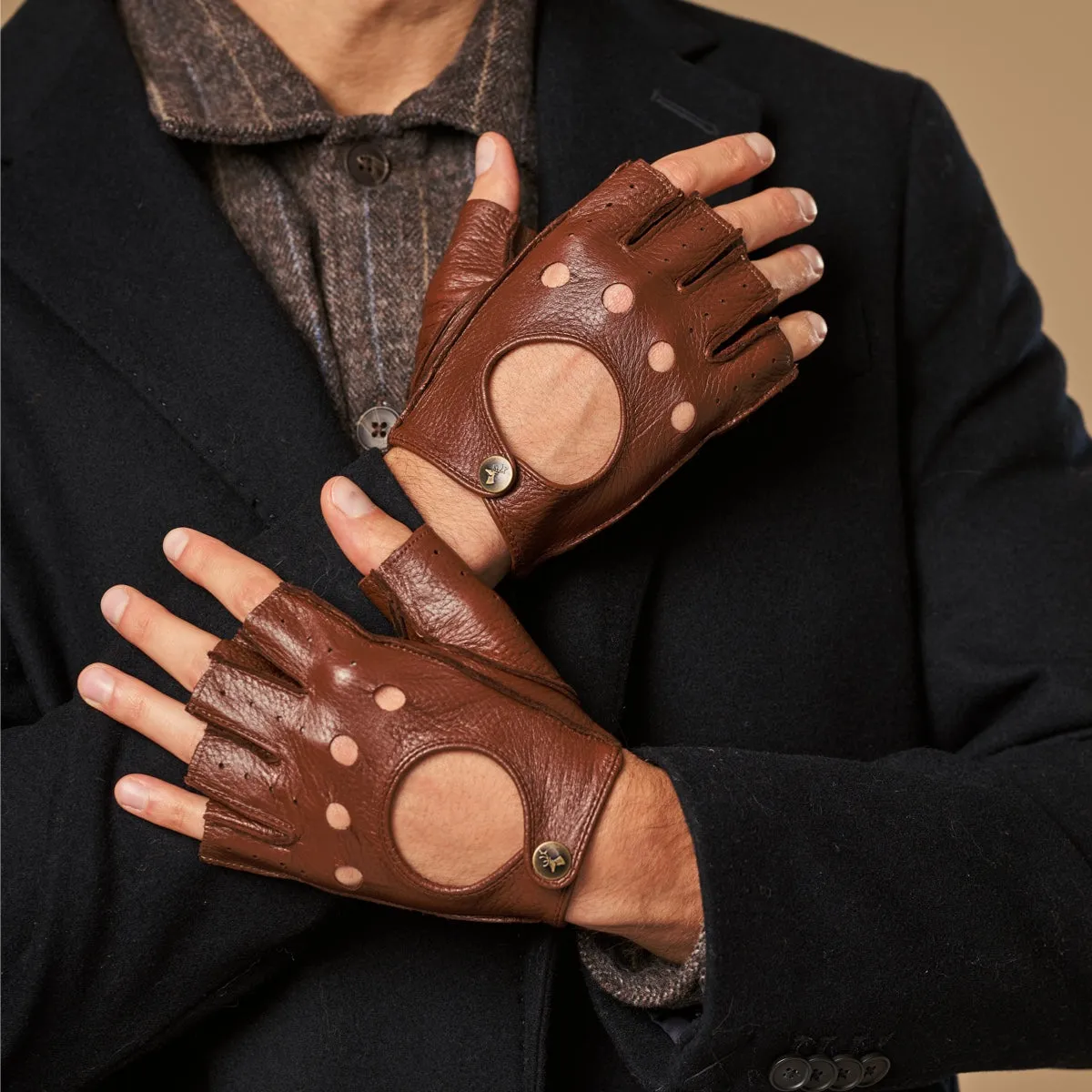 Zane (brown) – luxurious fingerless driving gloves made of American deerskin leather